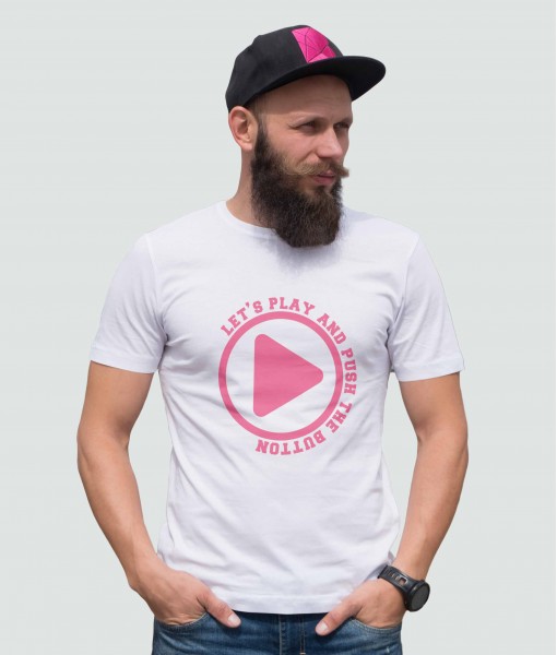 Мъжка тениска с щампа Текст и надписи Let`s play and push the button - TShirtArtShop.com